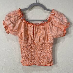 Kriza Eunice Orange Floral Smocked Top Peasant Milkmaid Cottagecore Prairie M